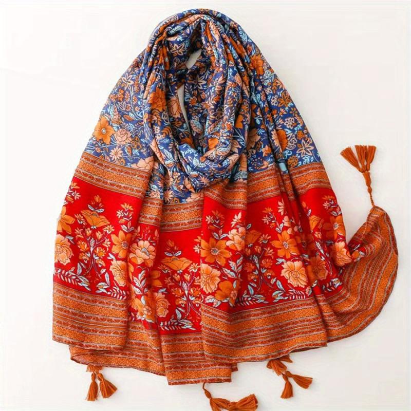 Boho Flower Print Tassel Scarf Red Block Shawl Hijab