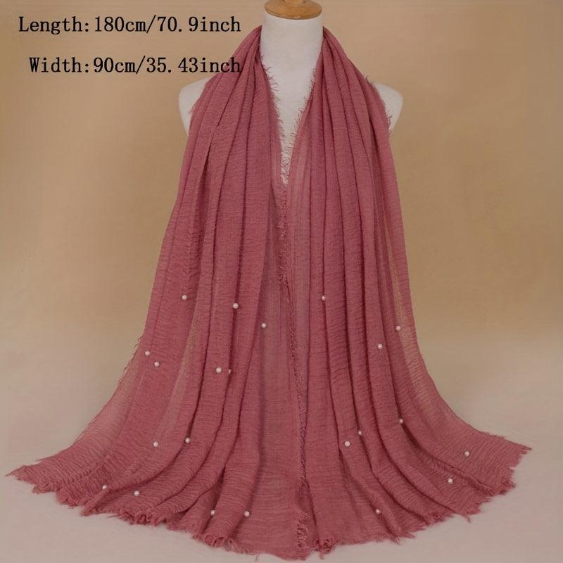Solid Hijab Faux Pearl Decor Scarf Frayed Edge Shawl