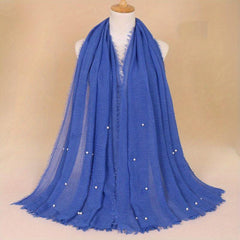 Solid Hijab Faux Pearl Decor Scarf Frayed Edge Shawl