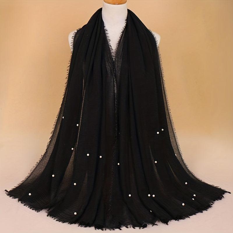 Solid Hijab Faux Pearl Decor Scarf Frayed Edge Shawl