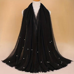 Solid Hijab Faux Pearl Decor Scarf Frayed Edge Shawl