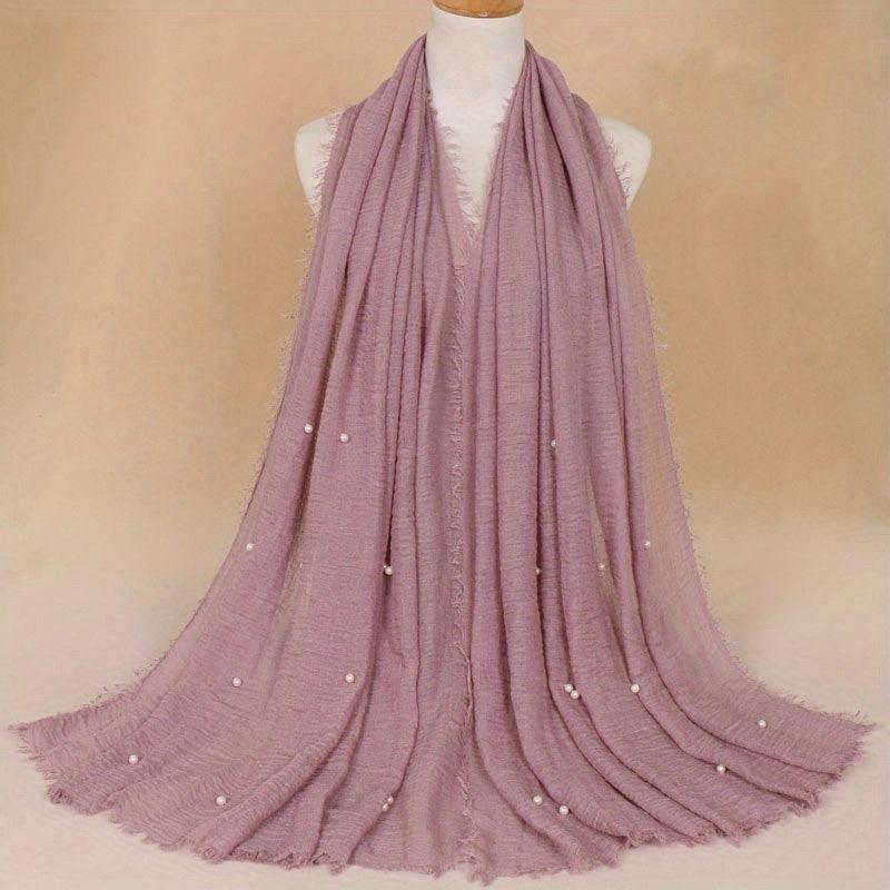 Solid Hijab Faux Pearl Decor Scarf Frayed Edge Shawl