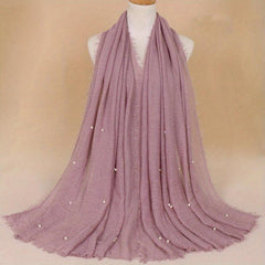 Solid Hijab Faux Pearl Decor Scarf Frayed Edge Shawl