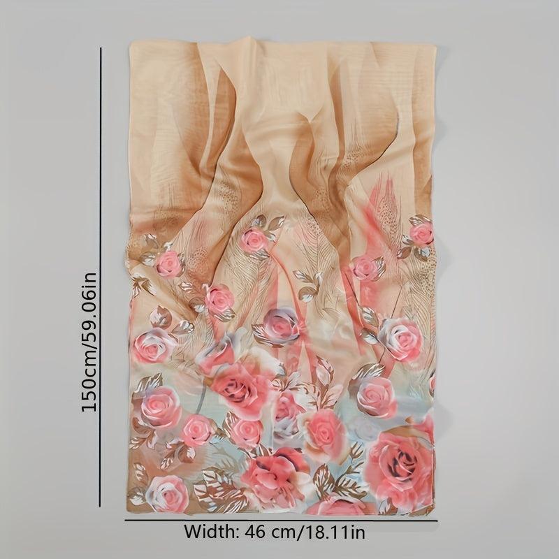 Rose Print Chiffon Scarf Thin Silk Wrap Hijab Sunscreen Shawl