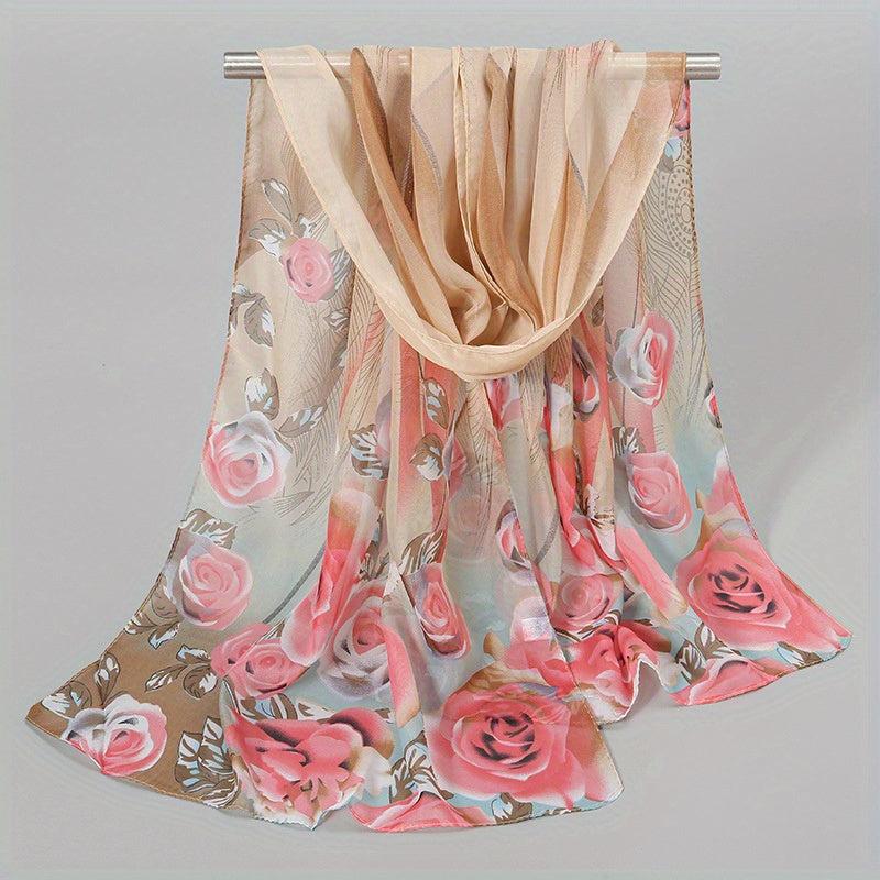 Rose Print Chiffon Scarf Thin Silk Wrap Hijab Sunscreen Shawl