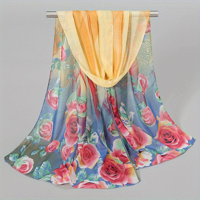 Rose Print Chiffon Scarf Thin Silk Wrap Hijab Sunscreen Shawl