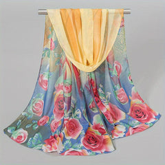 Rose Print Chiffon Scarf Thin Silk Wrap Hijab Sunscreen Shawl