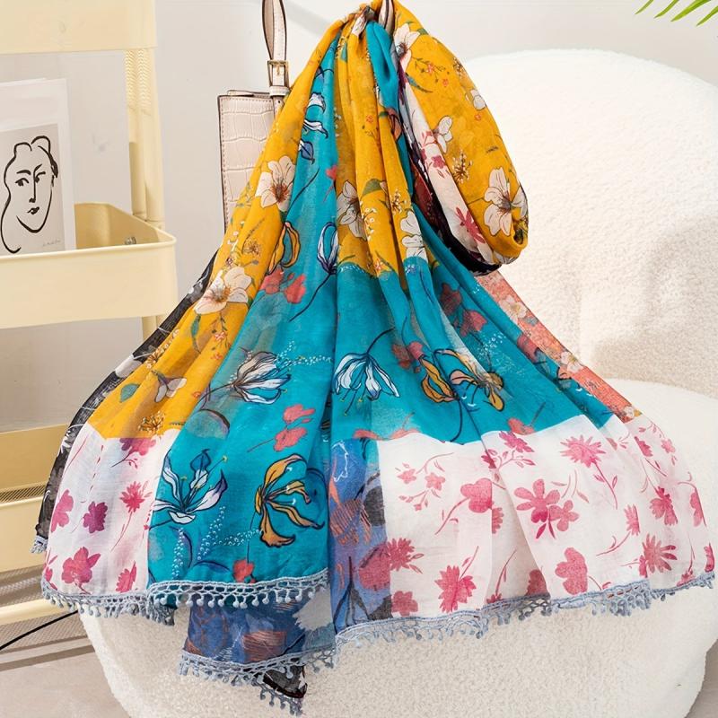 Plum Flower Print Lace Trim Scarf Block Shawl Wrap