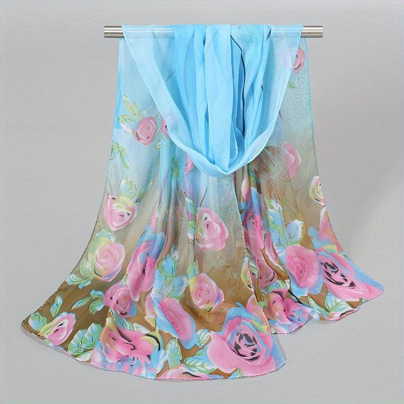 Rose Print Chiffon Scarf Peacock Feather Pattern Thin Breathable Shawl