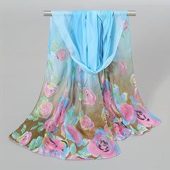 Rose Print Chiffon Scarf Peacock Feather Pattern Thin Breathable Shawl
