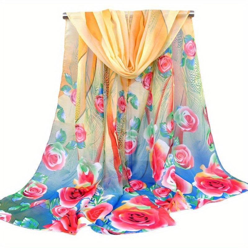 Rose Print Chiffon Scarf Peacock Feather Pattern Thin Breathable Shawl