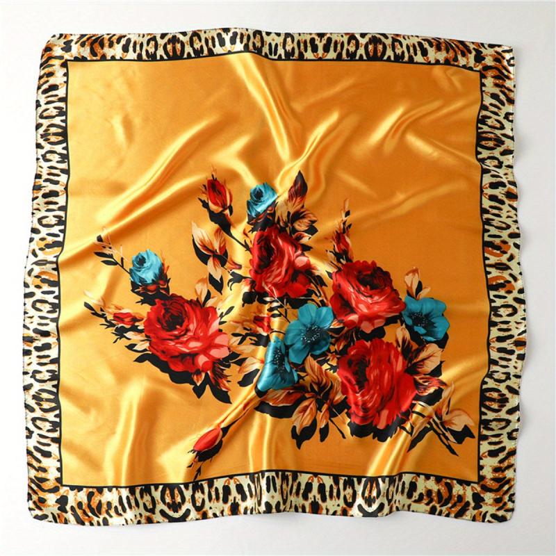 Flower Leopard Print Bandana Satin Shawl Silk Square Scarf