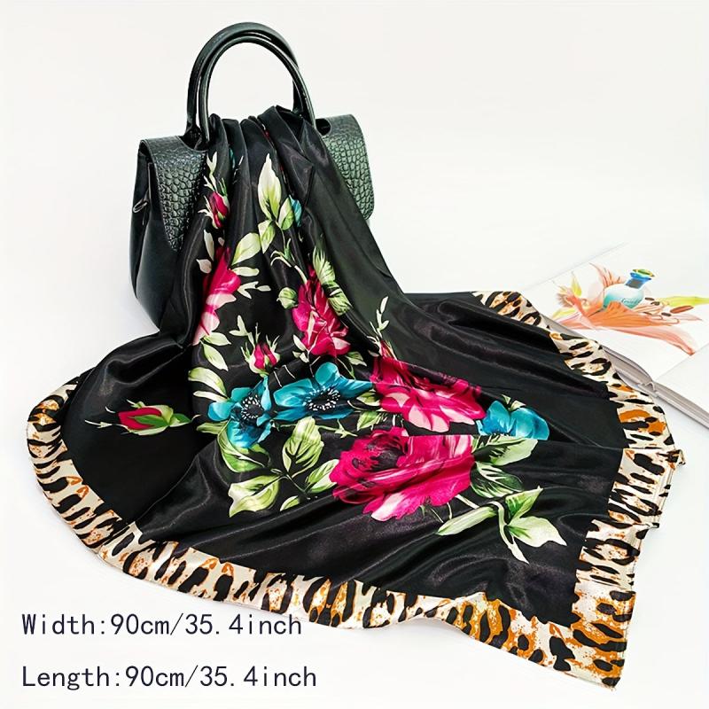 Flower Leopard Print Bandana Satin Shawl Silk Square Scarf