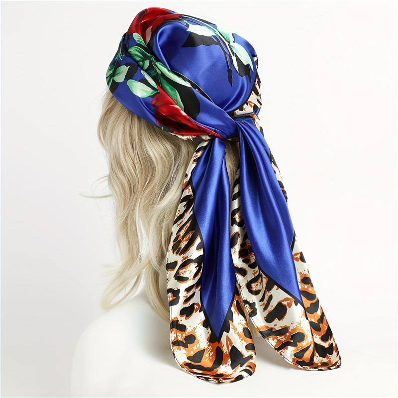 Flower Leopard Print Bandana Satin Shawl Silk Square Scarf
