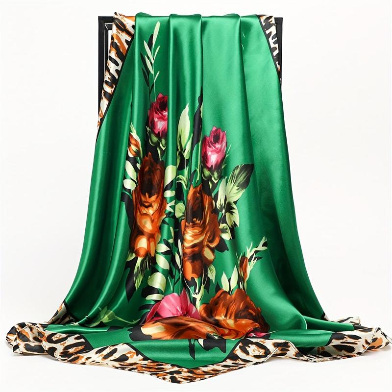 Flower Leopard Print Bandana Satin Shawl Silk Square Scarf