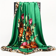 Flower Leopard Print Bandana Satin Shawl Silk Square Scarf