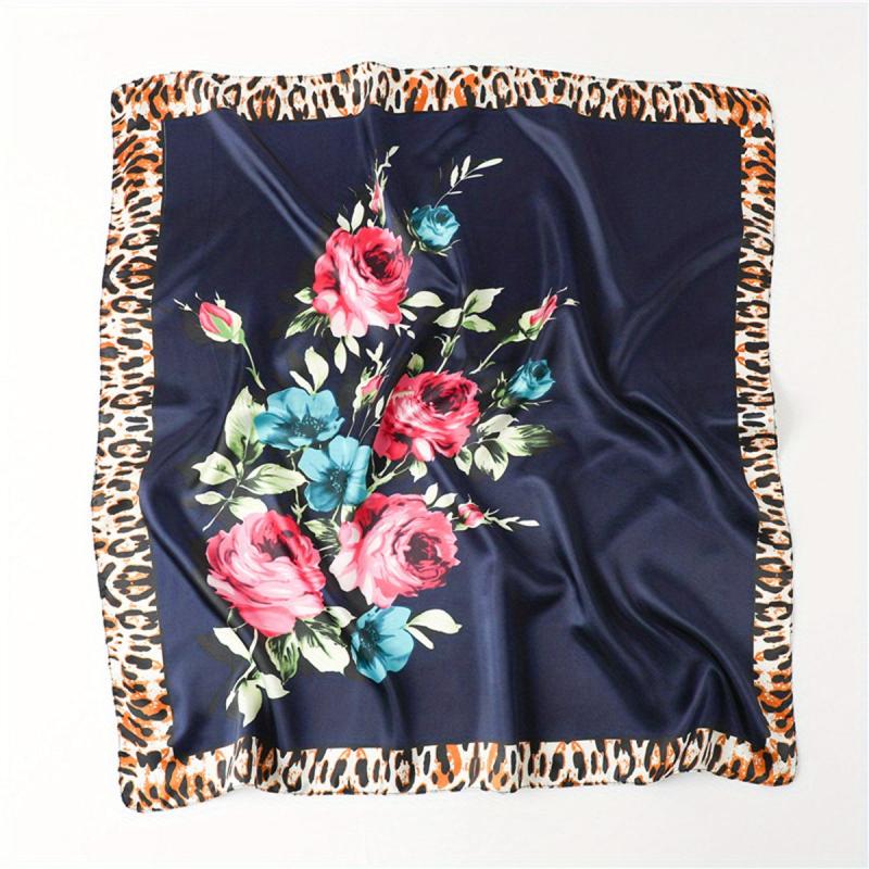 Flower Leopard Print Bandana Satin Shawl Silk Square Scarf