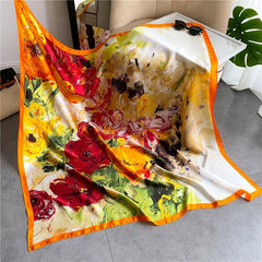 Orange Big Flower Print Scarf 43 3' Vintage Satin Square Shawl