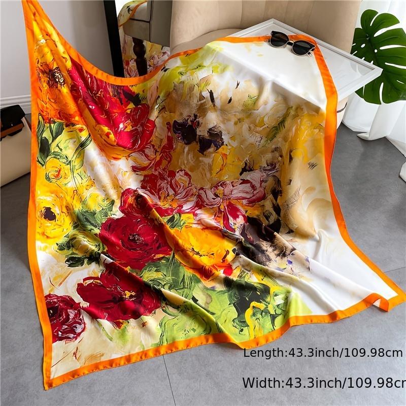 Orange Big Flower Print Scarf 43 3' Vintage Satin Square Shawl