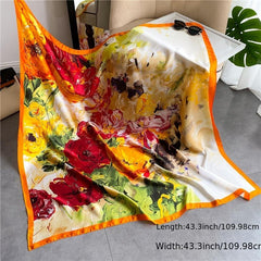 Orange Big Flower Print Scarf 43 3' Vintage Satin Square Shawl