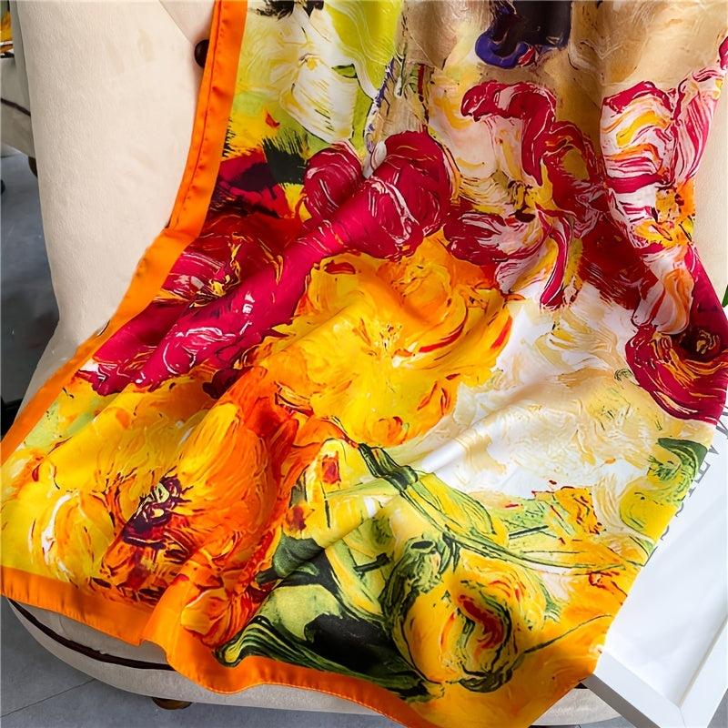 Orange Big Flower Print Scarf 43 3' Vintage Satin Square Shawl