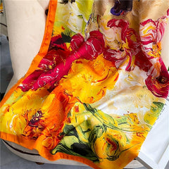 Orange Big Flower Print Scarf 43 3' Vintage Satin Square Shawl