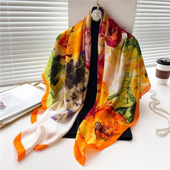 Orange Big Flower Print Scarf 43 3' Vintage Satin Square Shawl