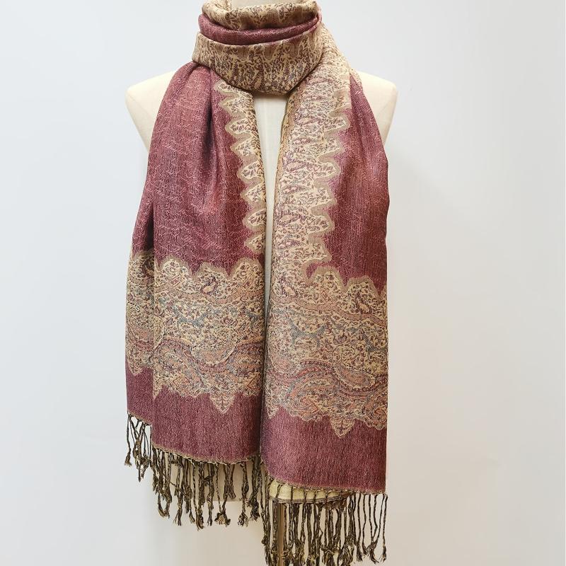 Vintage Oversized Jacquard Tassel Scarf Pink Paisley Print