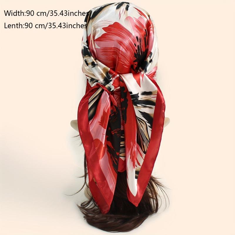 Flower Printed Square Scarf Silk Feeling Headband Casual Hair Wrap