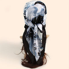 Flower Printed Square Scarf Silk Feeling Headband Casual Hair Wrap