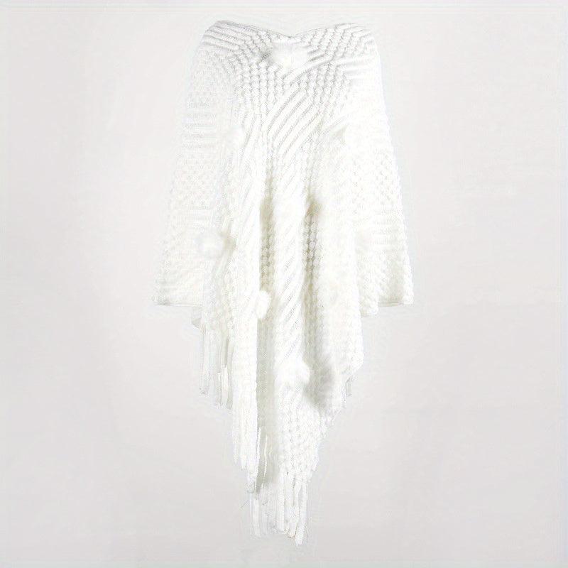 Rabbit Fur Ball Knit Shawl Cashmere Fringed Wrap for Winter
