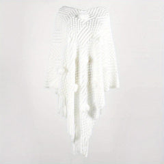 Rabbit Fur Ball Knit Shawl Cashmere Fringed Wrap for Winter