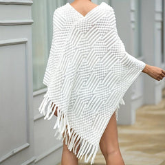 Rabbit Fur Ball Knit Shawl Cashmere Fringed Wrap for Winter