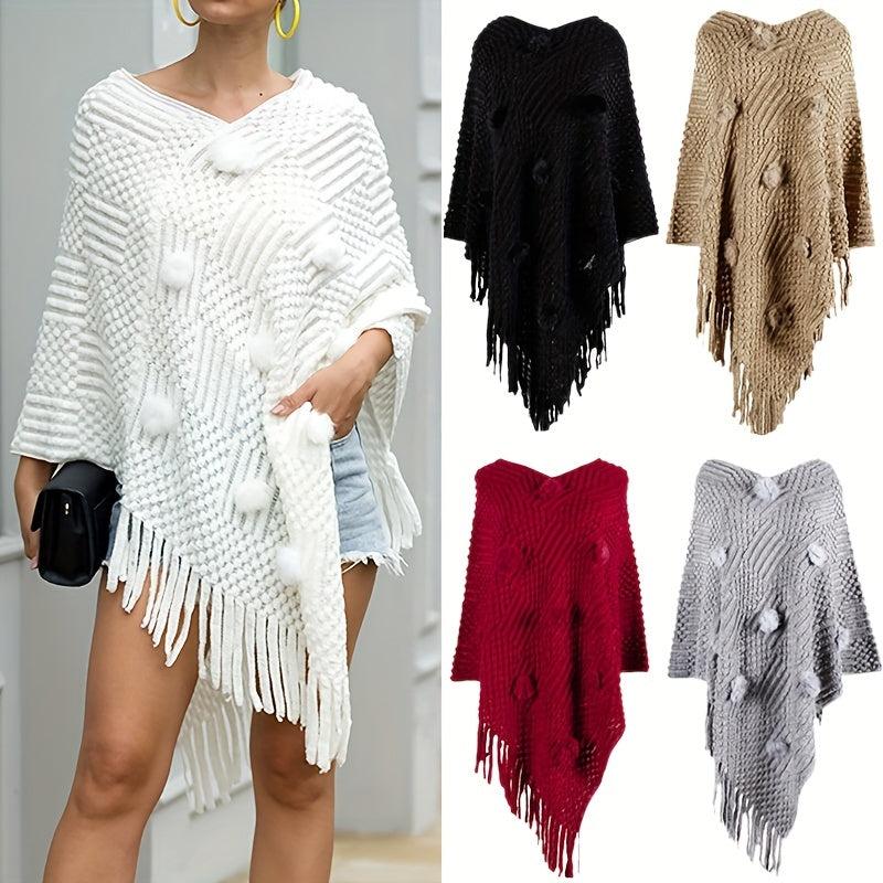 Rabbit Fur Ball Knit Shawl Cashmere Fringed Wrap for Winter