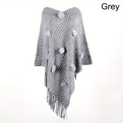 Rabbit Fur Ball Knit Shawl Cashmere Fringed Wrap for Winter