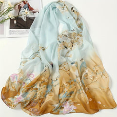 Chiffon Thin Scarf Lucky Bird Branch Print Gradient Head Wrap