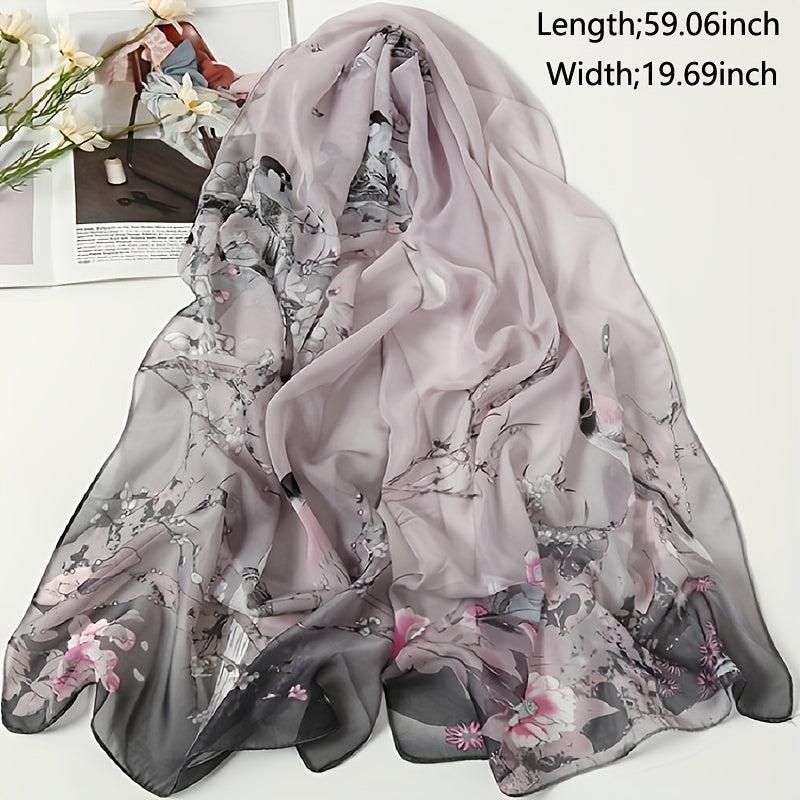 Chiffon Thin Scarf Lucky Bird Branch Print Gradient Head Wrap
