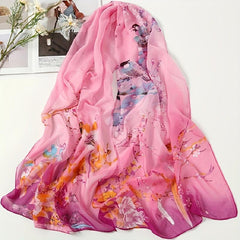 Chiffon Thin Scarf Lucky Bird Branch Print Gradient Head Wrap