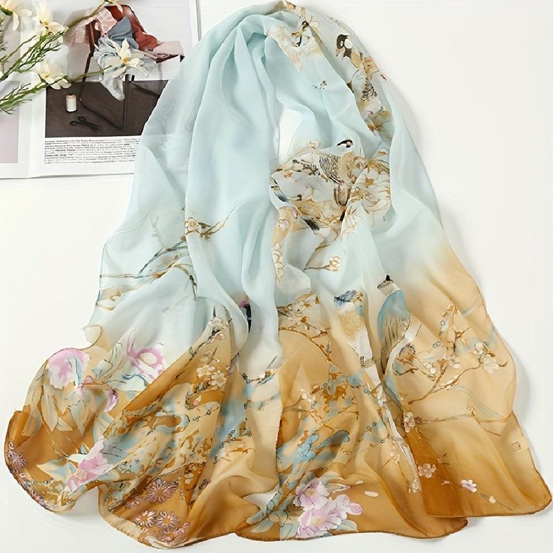 Chiffon Thin Scarf Lucky Bird Branch Print Gradient Head Wrap