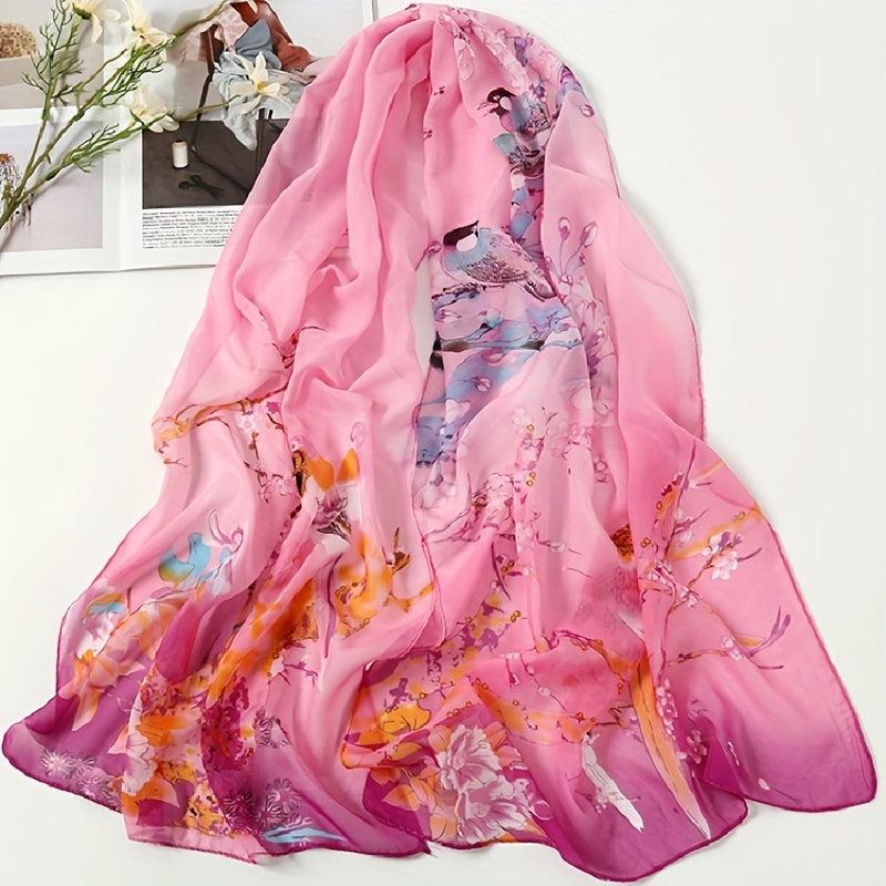 Chiffon Thin Scarf Lucky Bird Branch Print Gradient Head Wrap