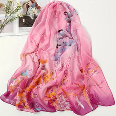 Chiffon Thin Scarf Lucky Bird Branch Print Gradient Head Wrap