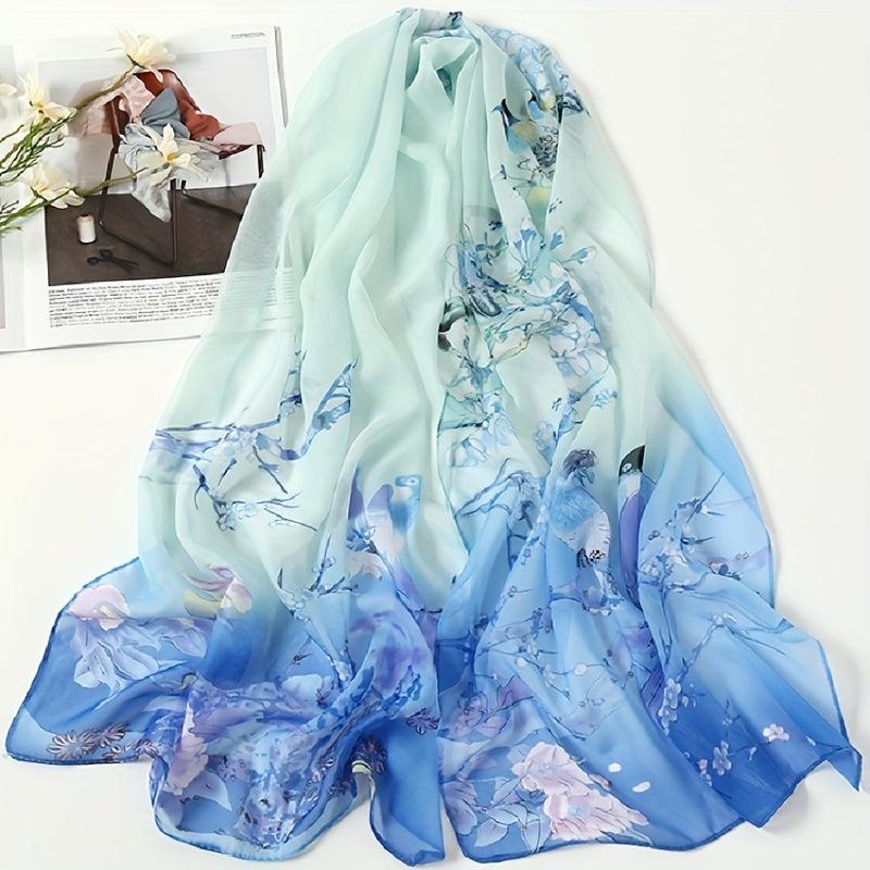 Chiffon Thin Scarf Lucky Bird Branch Print Gradient Head Wrap