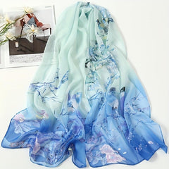 Chiffon Thin Scarf Lucky Bird Branch Print Gradient Head Wrap