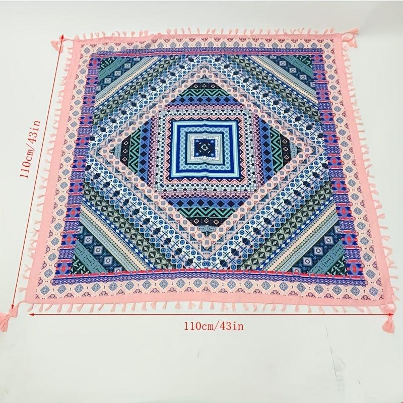 Geometric Print Tassel Shawl Vintage Square Scarf for Women