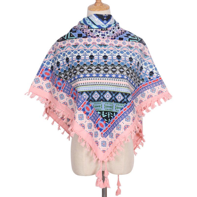 Geometric Print Tassel Shawl Vintage Square Scarf for Women