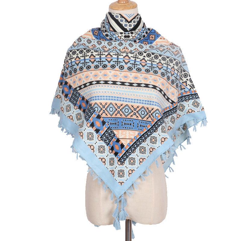 Geometric Print Tassel Shawl Vintage Square Scarf for Women