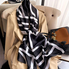 Geometric Stripe Print Scarf Large Satin Shawl Silk Windproof Head Wrap