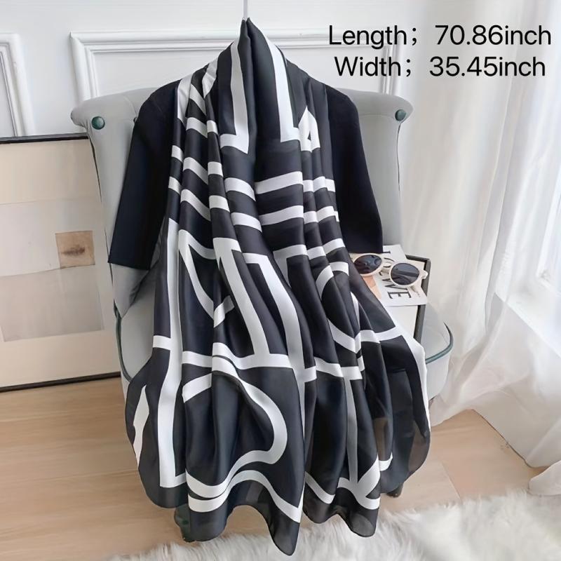 Geometric Stripe Print Scarf Large Satin Shawl Silk Windproof Head Wrap
