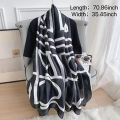 Geometric Stripe Print Scarf Large Satin Shawl Silk Windproof Head Wrap