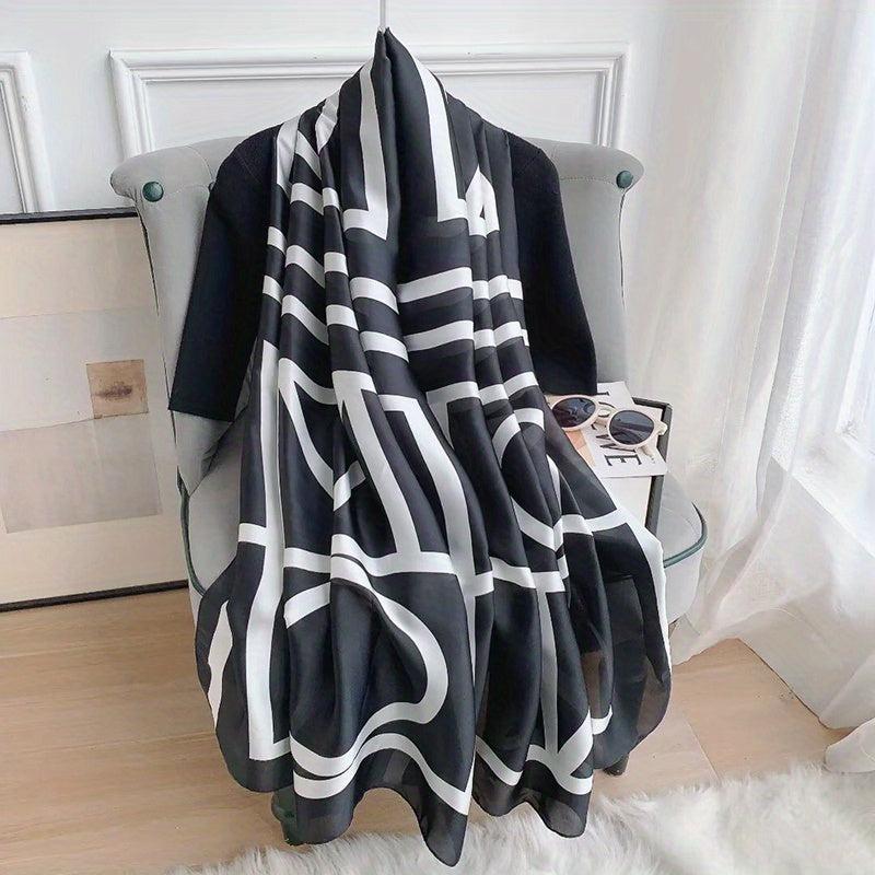 Geometric Stripe Print Scarf Large Satin Shawl Silk Windproof Head Wrap